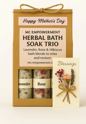 Herbal Bath Soak Trio – Mother’s Day Gift Set with Lavender, Rose & Hibiscus – Relaxing All-Natural Bath Salts with Essential Oils, White & Gold Gift Box with Blessing Card