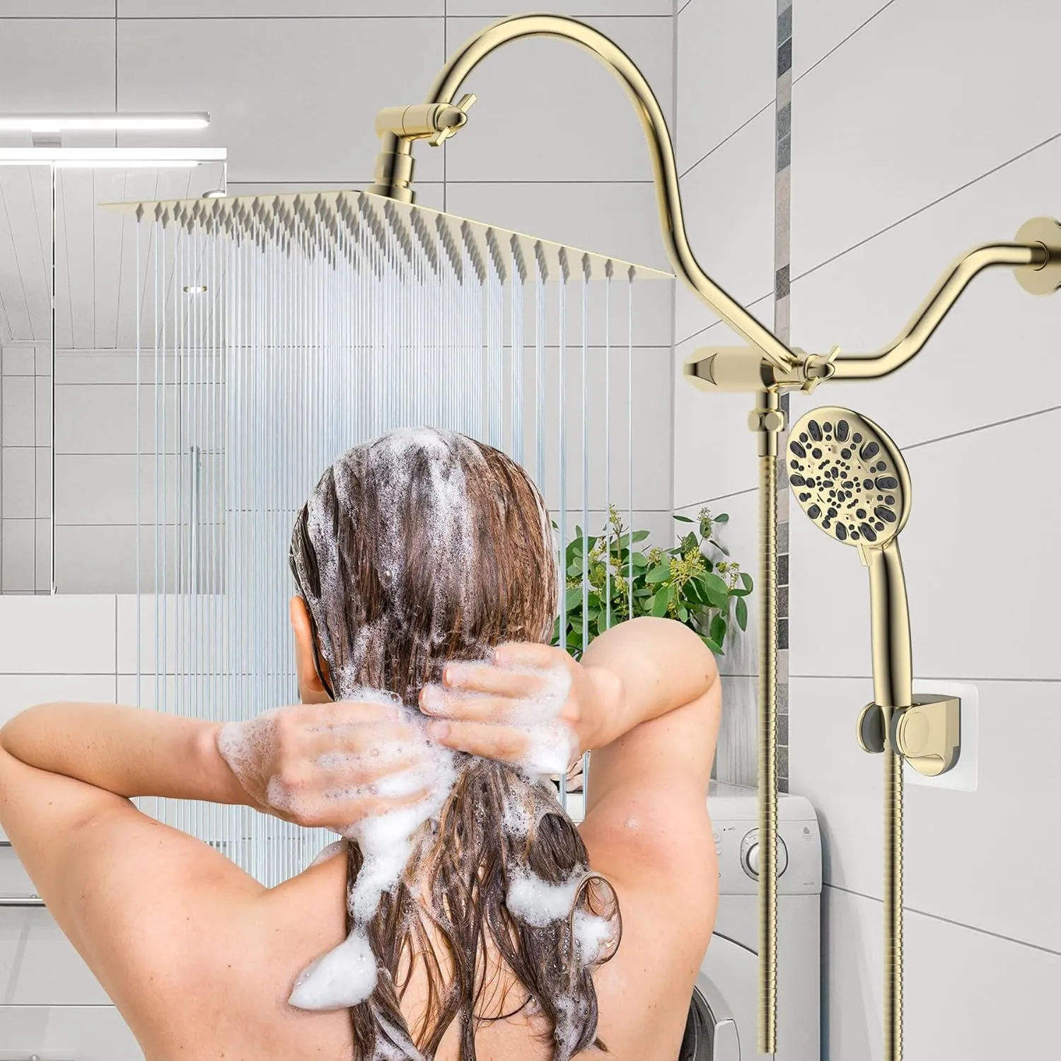 Hibbent All Metal Shower Head, 10'' High Pressure Rainfall Shower Head/Handheld Gold Showerhead Combo with 12'' Adjustable Shower Extension Arm, 7-Spray, 71'' Hose Showerhead Holder, Polished Brass