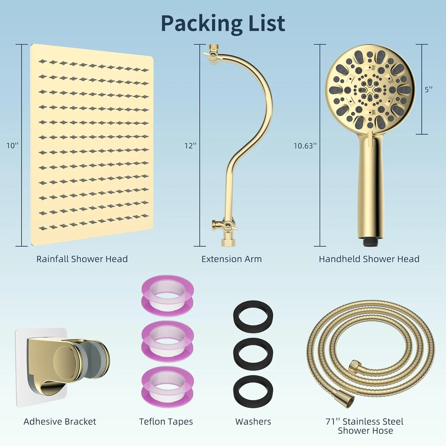 Hibbent All Metal Shower Head, 10'' High Pressure Rainfall Shower Head/Handheld Gold Showerhead Combo with 12'' Adjustable Shower Extension Arm, 7-Spray, 71'' Hose Showerhead Holder, Polished Brass