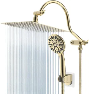Hibbent All Metal Shower Head, 10'' High Pressure Rainfall Shower Head/Handheld Gold Showerhead Combo with 12'' Adjustable Shower Extension Arm, 7-Spray, 71'' Hose Showerhead Holder, Polished Brass