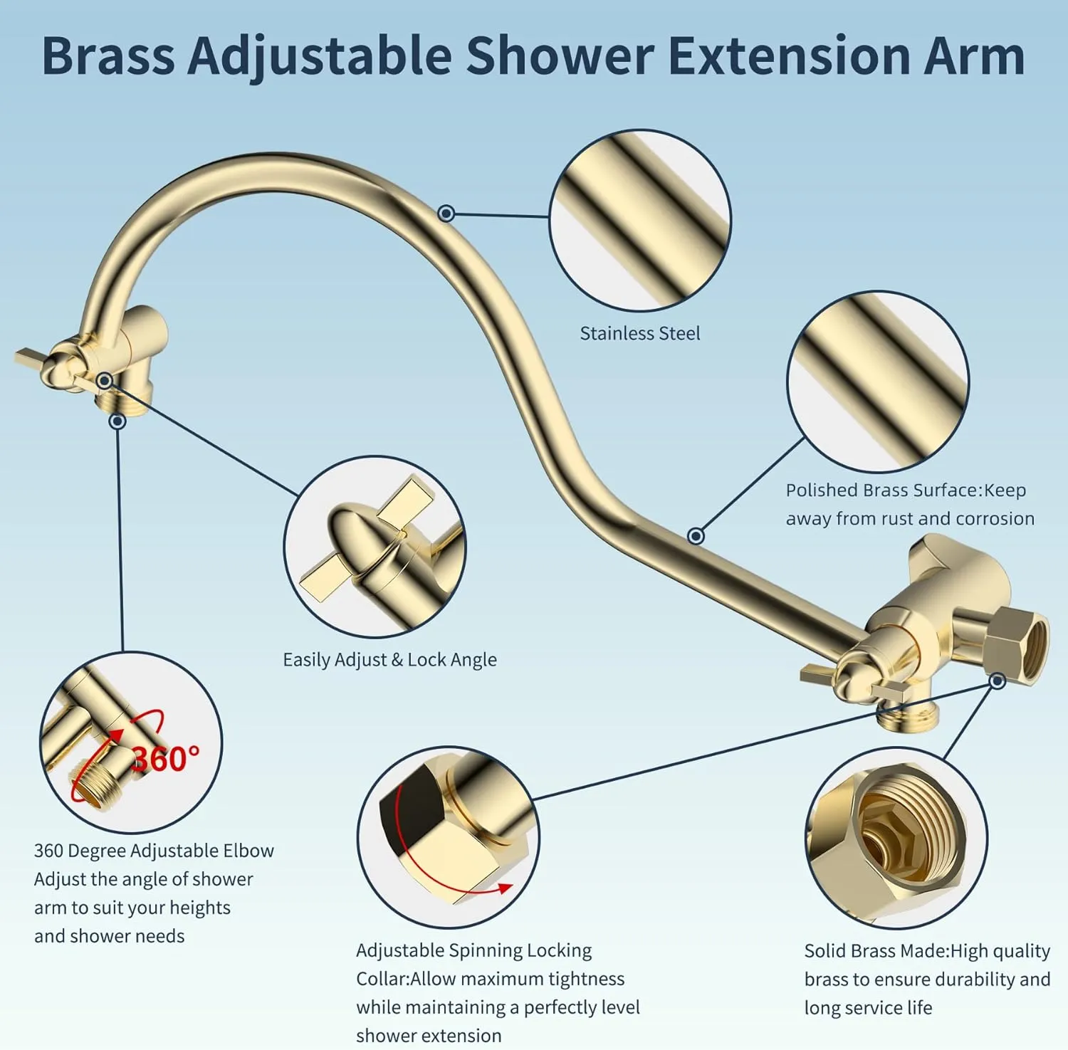 Hibbent All Metal Shower Head, 10'' High Pressure Rainfall Shower Head/Handheld Gold Showerhead Combo with 12'' Adjustable Shower Extension Arm, 7-Spray, 71'' Hose Showerhead Holder, Polished Brass