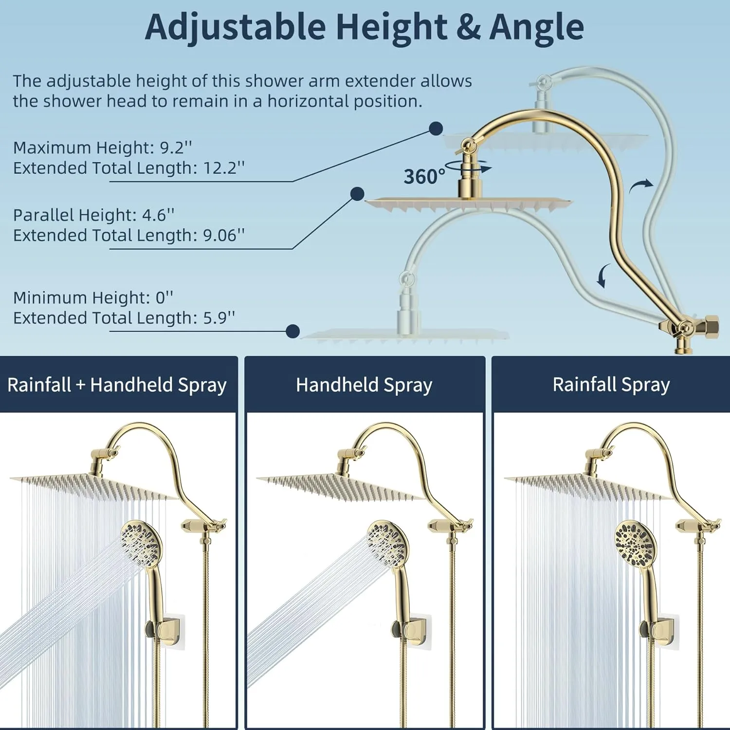 Hibbent All Metal Shower Head, 10'' High Pressure Rainfall Shower Head/Handheld Gold Showerhead Combo with 12'' Adjustable Shower Extension Arm, 7-Spray, 71'' Hose Showerhead Holder, Polished Brass
