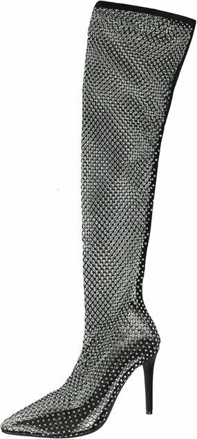 HiColor women's mesh rhinestone stilettos hollow transparent high heels wedding ball dress performance knee-high mesh pants shoes.