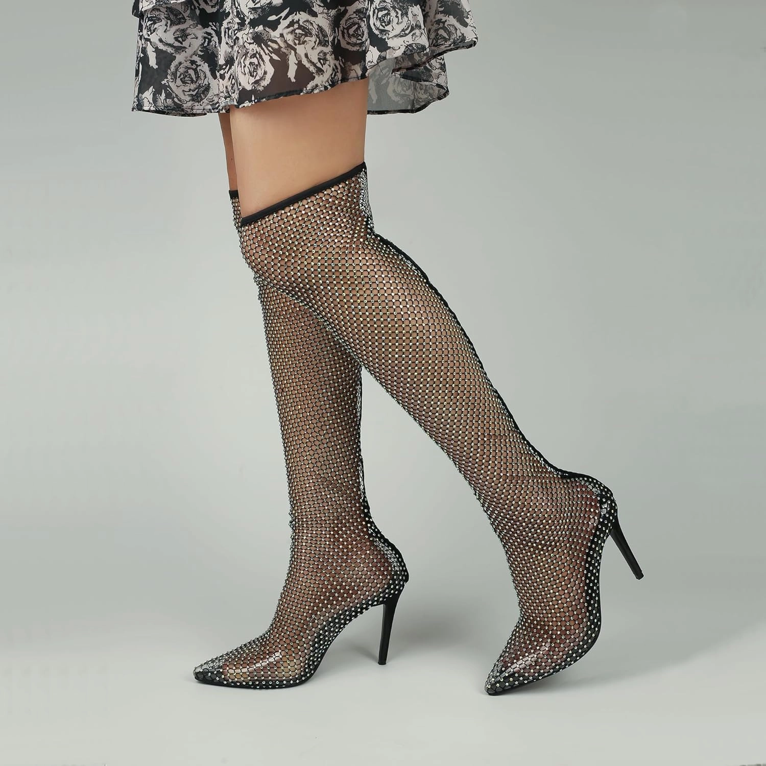 HiColor women's mesh rhinestone stilettos hollow transparent high heels wedding ball dress performance knee-high mesh pants shoes.