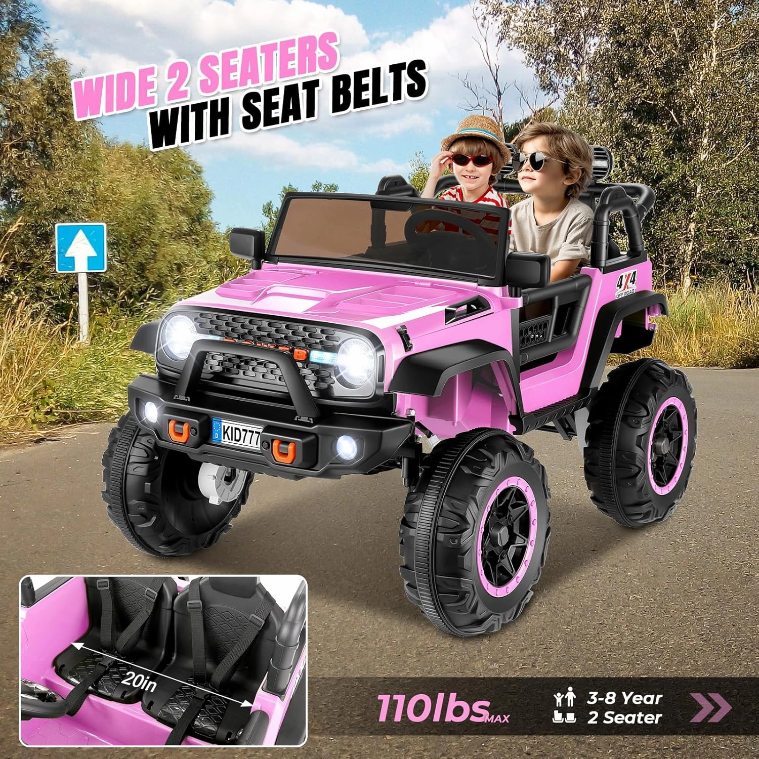 Hikole 24 Volt Ride On Car with Remote Control, 2WD/4WD Switchable 2 Seater XL Electric Car for Kids w/20 Inch Wide Seat, 4X100W Power Toys Wheels 24v Vehicles for Girls w/Music - Pink