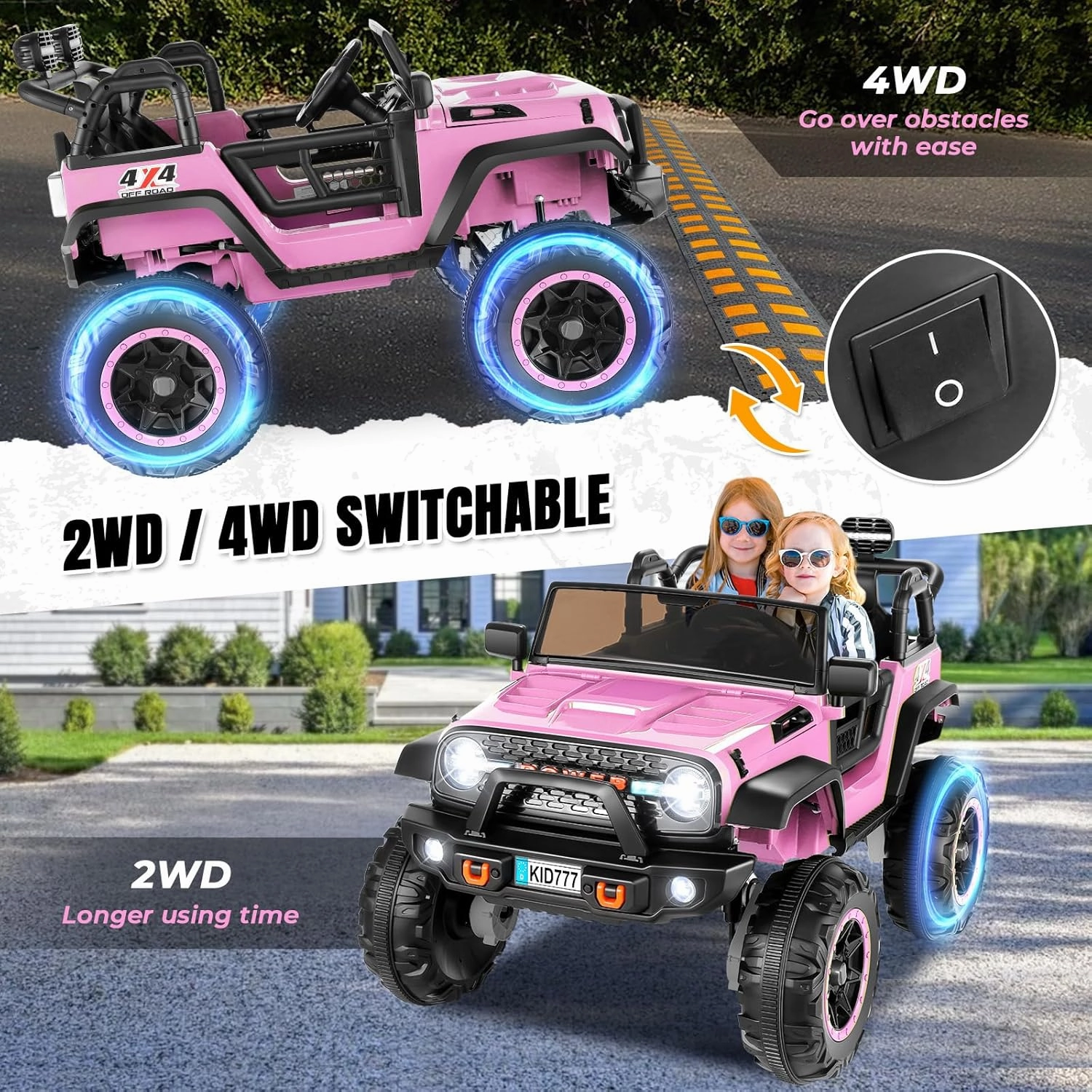 Hikole 24 Volt Ride On Car with Remote Control, 2WD/4WD Switchable 2 Seater XL Electric Car for Kids w/20 Inch Wide Seat, 4X100W Power Toys Wheels 24v Vehicles for Girls w/Music - Pink