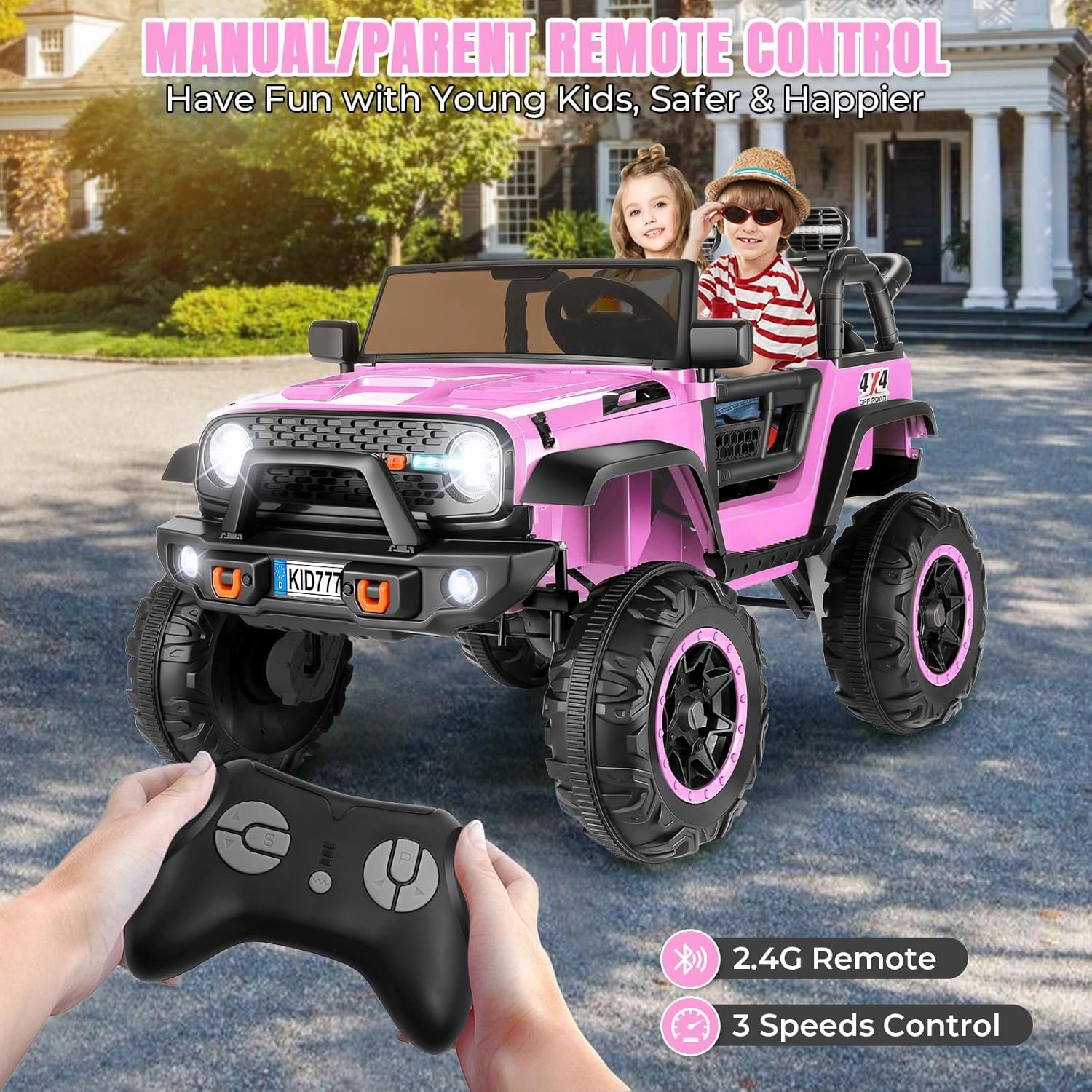Hikole 24 Volt Ride On Car with Remote Control, 2WD/4WD Switchable 2 Seater XL Electric Car for Kids w/20 Inch Wide Seat, 4X100W Power Toys Wheels 24v Vehicles for Girls w/Music - Pink