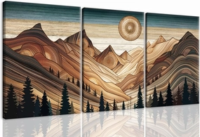 HNNXAR Wood Mountain Canvas Wall Art Set of 3 Woodcut Tree Ring Nature Scenery Poster Picture Prints Modern Abstract Sun Painting Brown Ridge Wall Decor for Living Room Bedroom Office 12x16 Framed