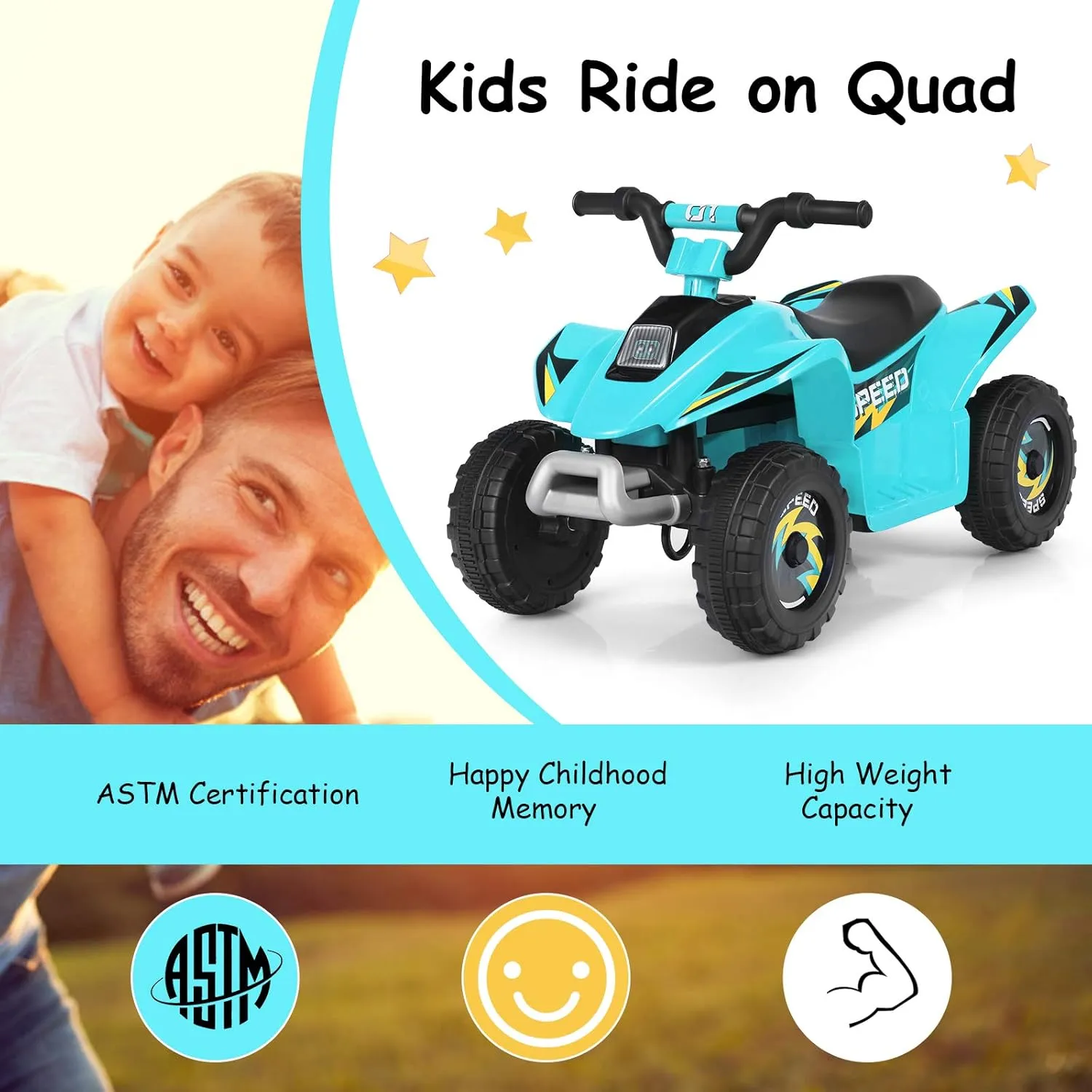 HOMGX Kids ATV, Electric Mini Quad w/Anti-Slip Wheels, 6V Battery Powered Four Wheelers for Boys w/ 2 Speeds, Forward/Reverse Switch, Ride On Toy Car, Motorized 4 Wheeler for Kids (Blue)