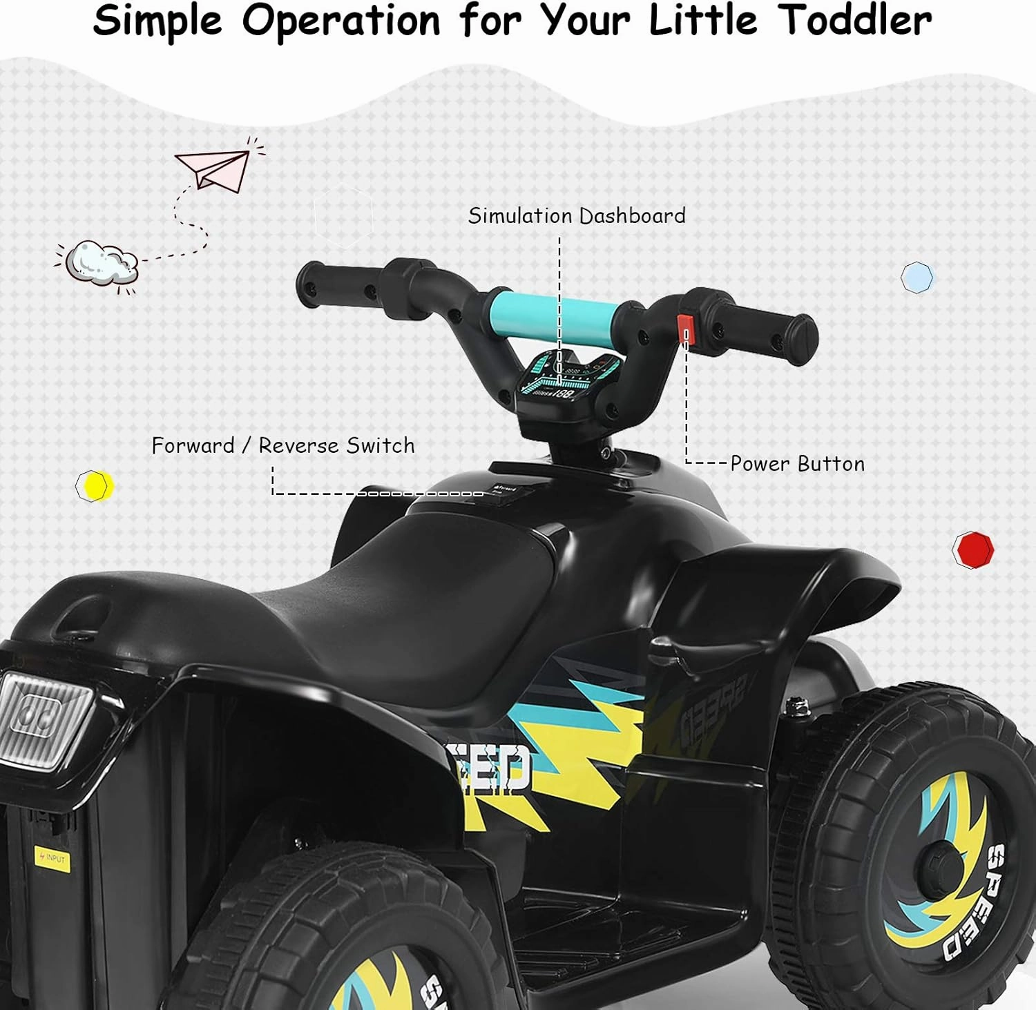 HOMGX Kids ATV, Electric Mini Quad w/Anti-Slip Wheels, 6V Battery Powered Four Wheelers for Boys w/ 2 Speeds, Forward/Reverse Switch, Ride On Toy Car, Motorized 4 Wheeler for Kids (Black)