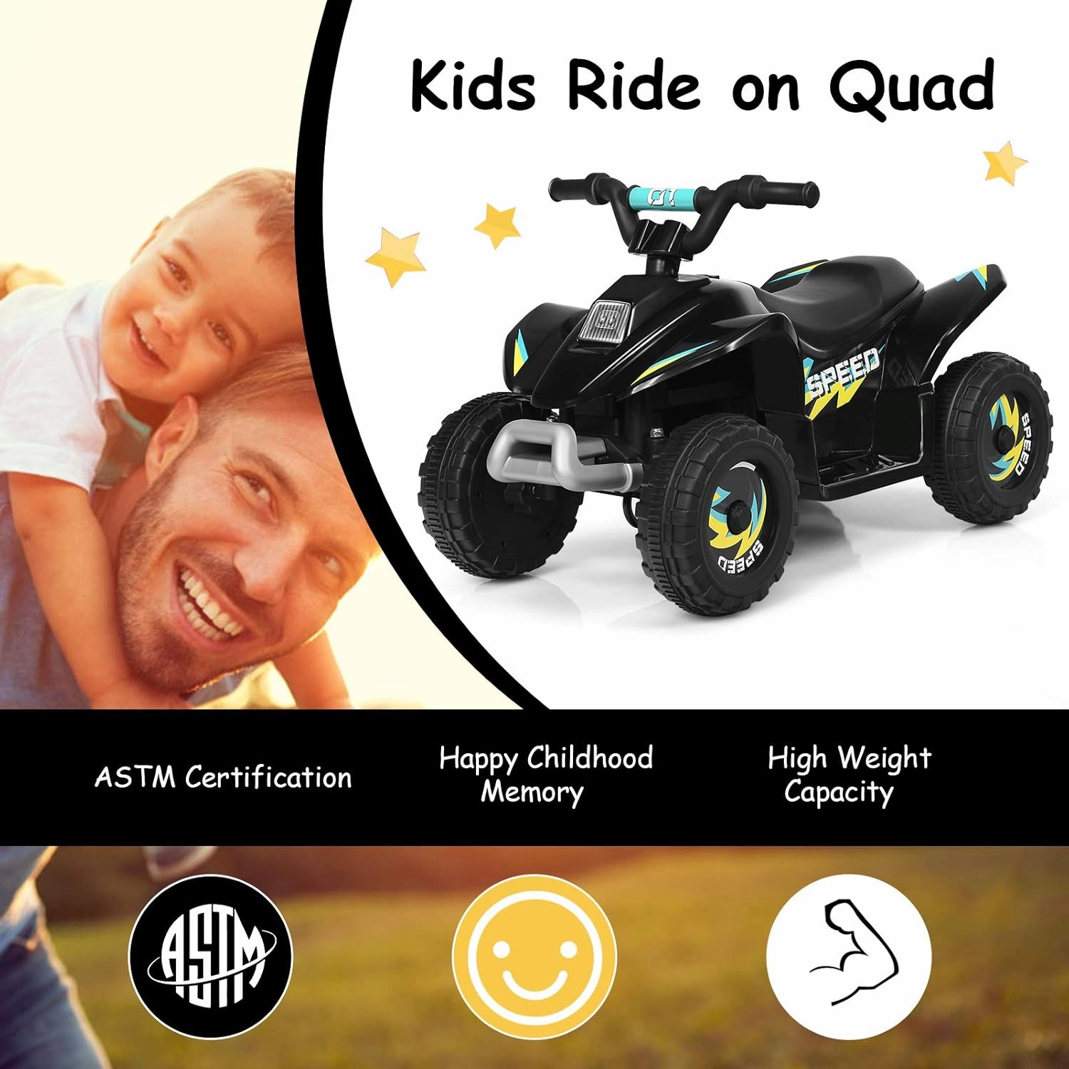 HOMGX Kids ATV, Electric Mini Quad w/Anti-Slip Wheels, 6V Battery Powered Four Wheelers for Boys w/ 2 Speeds, Forward/Reverse Switch, Ride On Toy Car, Motorized 4 Wheeler for Kids (Black)