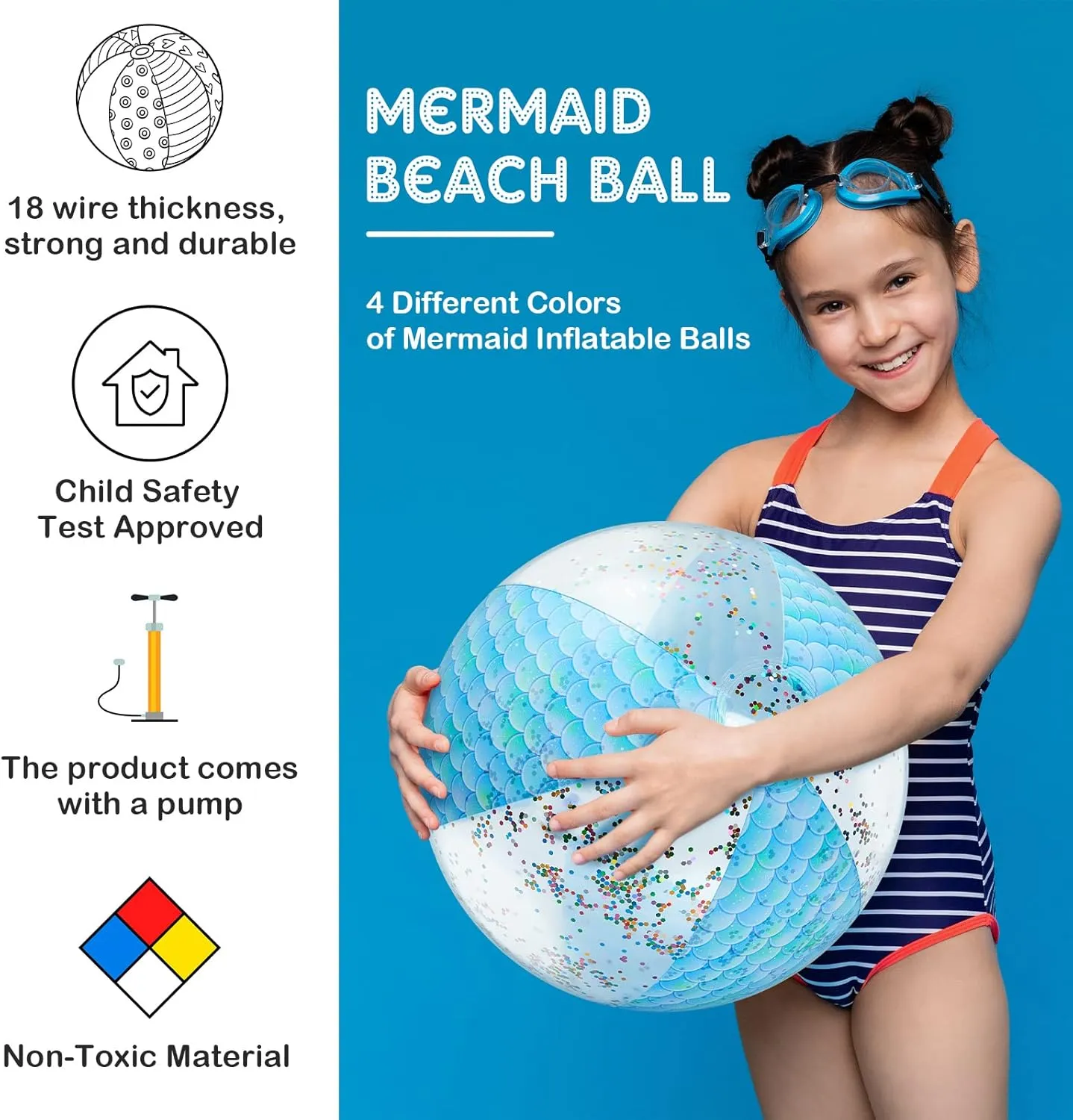 Honoson Mermaid Beach Ball 16 Inch Jumbo Inflatable Beach Ball Mermaid Party Favors Pool Toys with Inflator for Party Games Swimming Pool Water Birthday Sea Favor