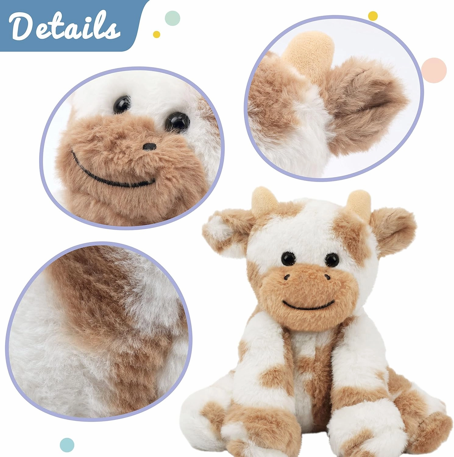 Hopearl Adorable Plush Cow Toy Floppy Dairy Cattle Soft Stuffed Animal Cute Birthday Gifts for Boys Girls Kids Toddlers, Light Brown, 9''
