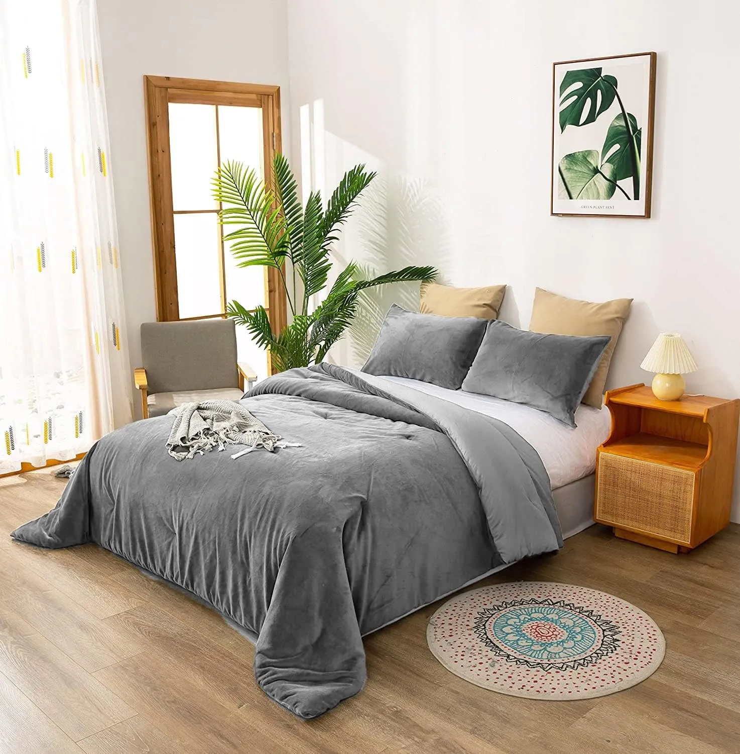 Houseri Bedding Set Queen Grey Velvet 3pcs Fluffy Comforter & Pillowcases