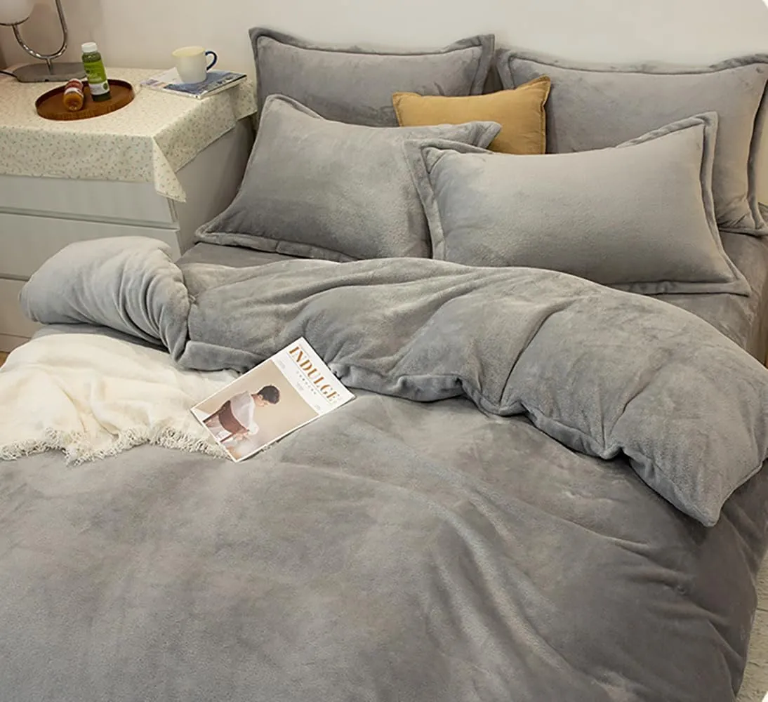 Houseri Bedding Set Queen Grey Velvet 3pcs Fluffy Comforter & Pillowcases