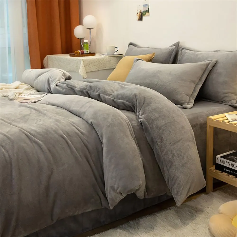 Houseri Bedding Set Queen Grey Velvet 3pcs Fluffy Comforter & Pillowcases
