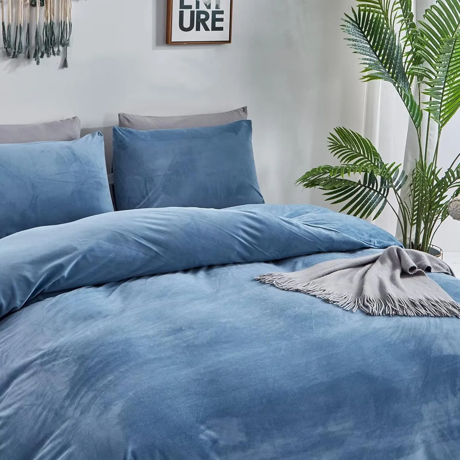Houseri Blue Velvet Comforter Set King Fluffy Dusty Bedding Sets Lake Flannel Women Furry Light Sherpa Comforters Warm Fuzzy Blanket King, King(90''*104''-Comforter)
