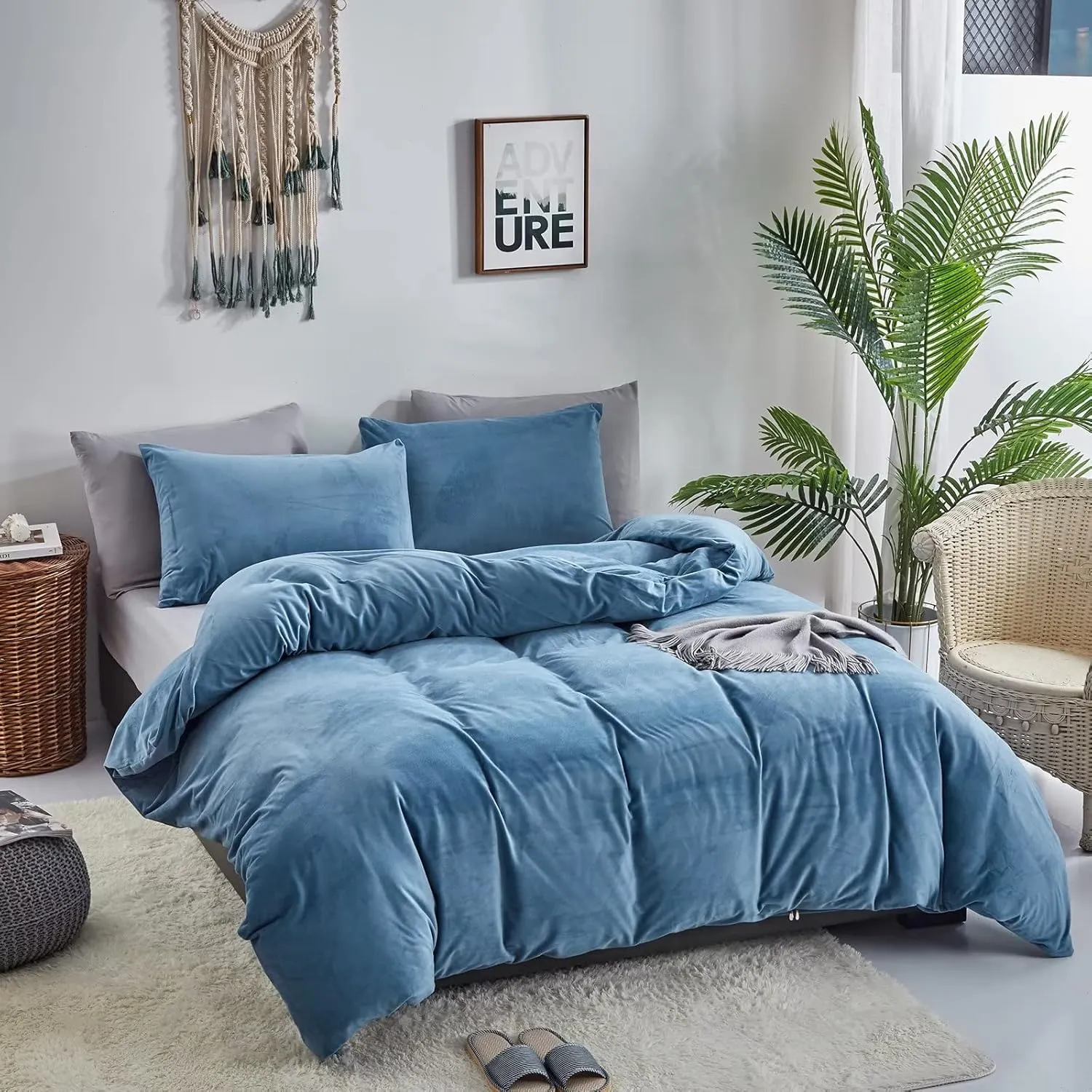Houseri Blue Velvet Comforter Set King Fluffy Dusty Bedding Sets Lake Flannel Women Furry Light Sherpa Comforters Warm Fuzzy Blanket King, King(90''*104''-Comforter)