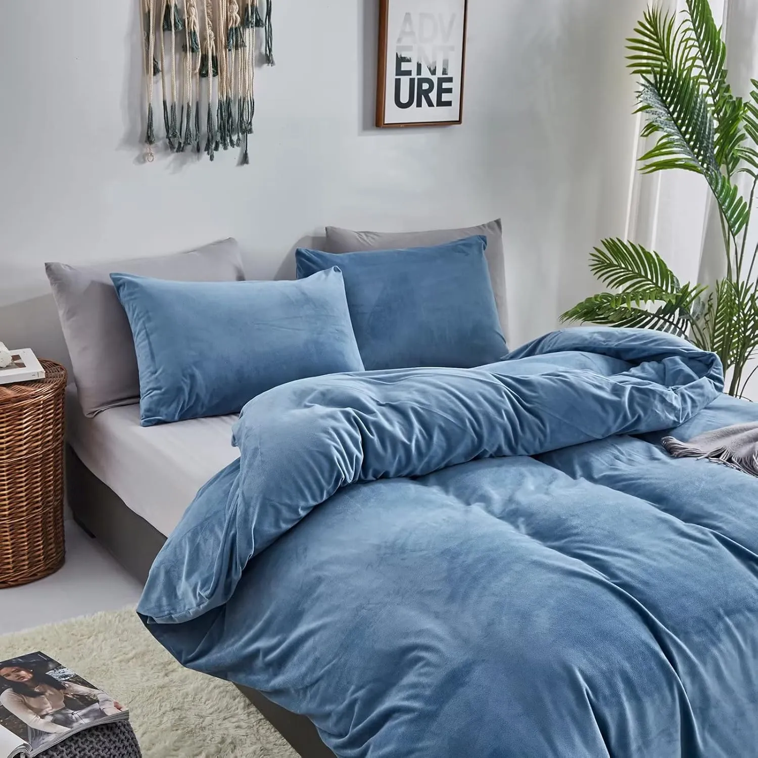 Houseri Blue Velvet Comforter Set King Fluffy Dusty Bedding Sets Lake Flannel Women Furry Light Sherpa Comforters Warm Fuzzy Blanket King, King(90''*104''-Comforter)