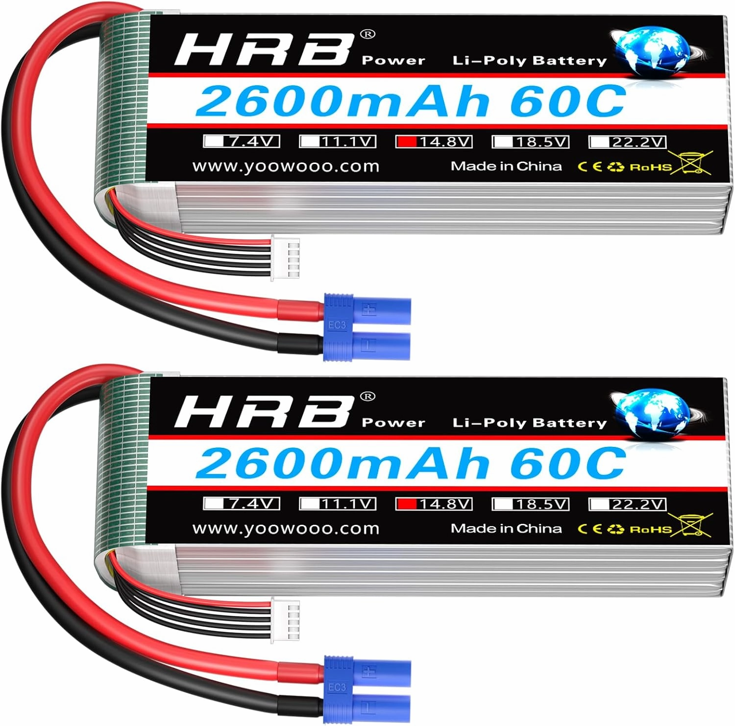 HRB 2packs 4S 2600mAh Lipo Battery EC3 14.8V 60C RC Lipo Battery Compatible with RC Helicopter Airplane Car Boat Truck