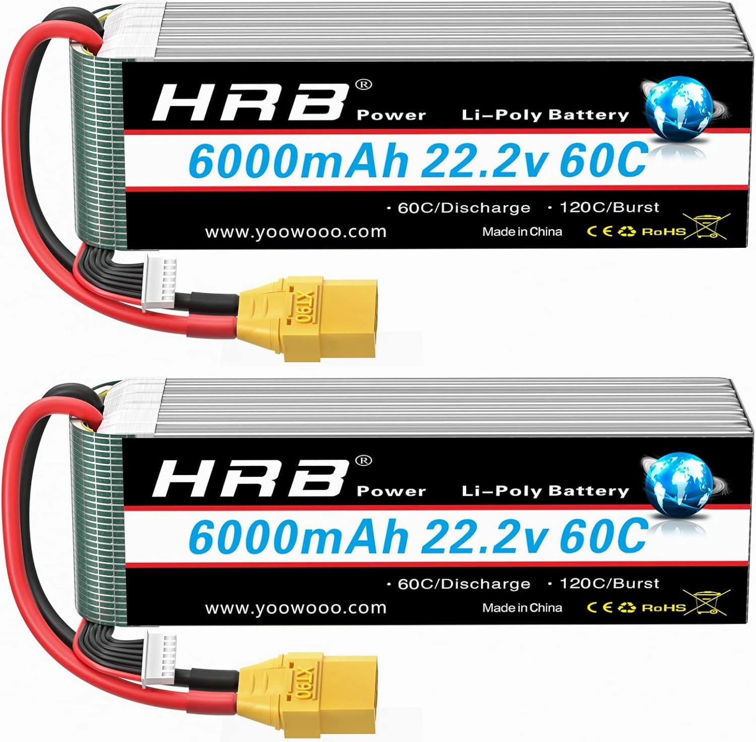 HRB 2pcs 6S 6000mAh Lipo Battery XT90 60C 22.2V RC Lipo Battery Compatible with RC Airlane Helicopter Quacopter Car Truck Boat