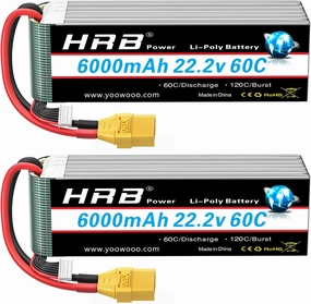 HRB 2pcs 6S 6000mAh Lipo Battery XT90 60C 22.2V RC Lipo Battery Compatible with RC Airlane Helicopter Quacopter Car Truck Boat