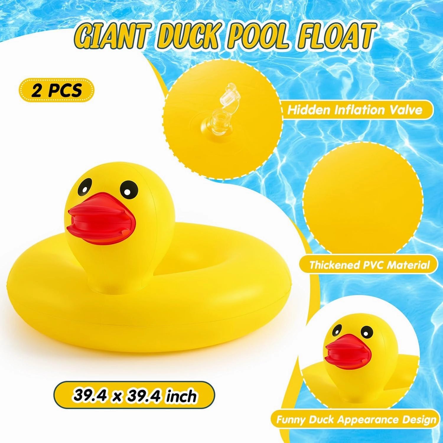 Hungdao 2 Pcs Funny Duck Pool Floats Large 39.4'' Rubber Ducks Floatie Inflatable Tube Swim Ring Giant for Summer Beach Swimming Pool Carnival Birthday Party Floaty Supplies Adults
