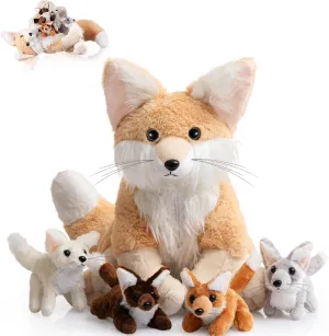 HyDren 5 Pcs Woodland Animals Plush Toys Set 13.4 Inch Large Fennec Fox Stuffed Animal with 4 Cute Babies Fox Plush Toys Gift for Birthday Holiday Baby Shower Party Decor(Beige,Sitting)
