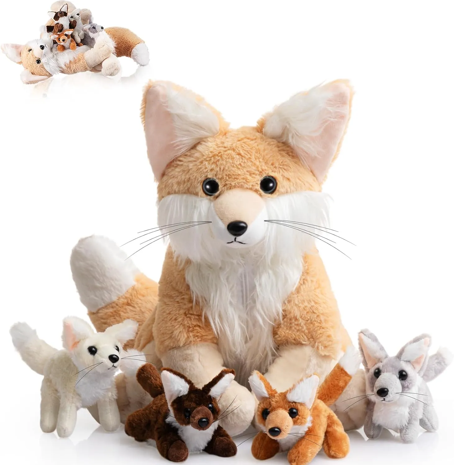 HyDren 5 Pcs Woodland Animals Plush Toys Set 13.4 Inch Large Fennec Fox Stuffed Animal with 4 Cute Babies Fox Plush Toys Gift for Birthday Holiday Baby Shower Party Decor(Beige,Sitting)