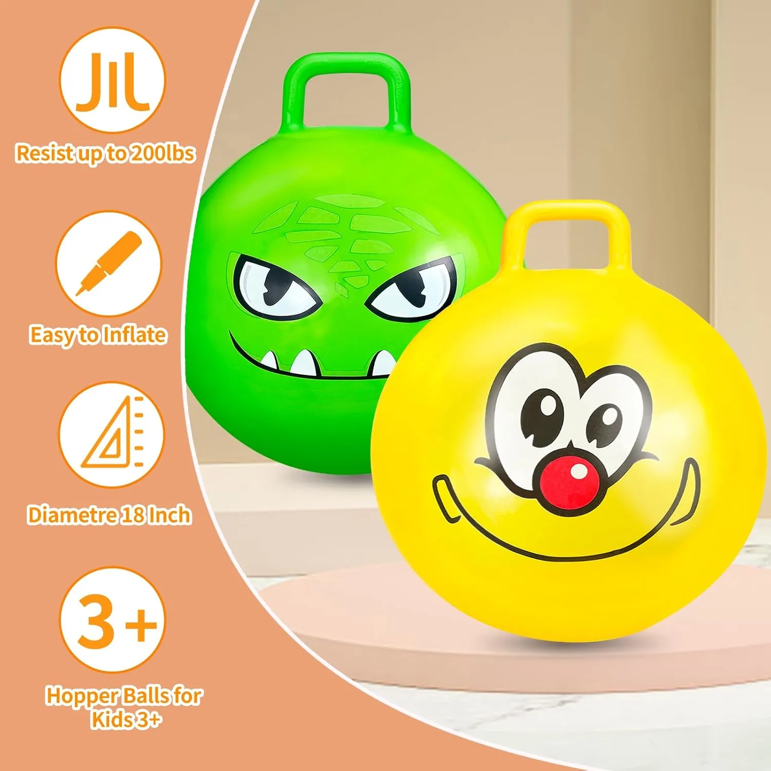 Hymaz 2 Pcs Hopper Ball, 18 Inch Bouncy Balls Bulk with Handle for Kids Ages 3-5, Jumping Hopping Inflatable Bouncing Ball Outdoor Toys for Boy Girl School Games Sports Exercise