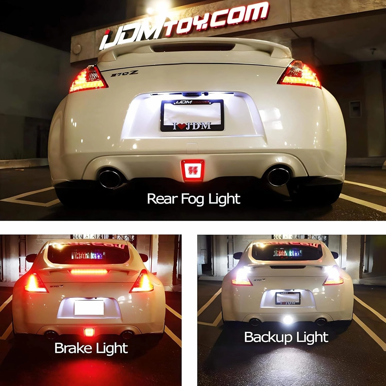 iJDMTOY Dark Smoked Lens LED Rear Fog Light Kit Compatible with 2009-2020 Nissan 370Z & 13-17 Juke Nismo, Powered by Red LED as Brake/Rear Fog & White LED as Backup Reverse Lamp