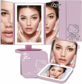 Impressions Vanity Hello Kitty Lighted Makeup Mirrors Bundle, Supercute Trifold and Compact Mirror with LED Lights, Magnification, Touch Screen, Travel Accessories Portable Hand Mirror (Pink)