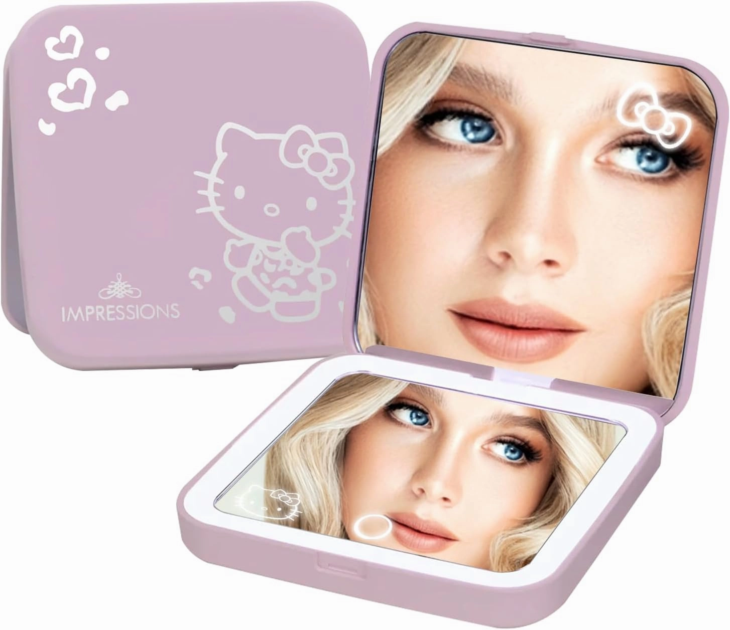 Impressions Vanity Hello Kitty Supercute Compact Mirror with Touch Sensor Switch for Adjustable Brightness, Lighted Makeup Mirror with LED Lights and 2X Magnifying Mirror Top (Pink)