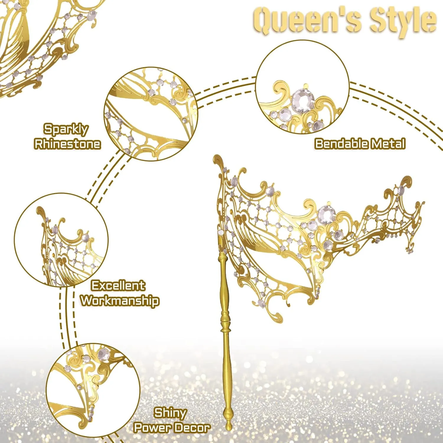 IncreDecor Masquerade Mask for Women - Shiny Metal Mask for Halloween & Mardi Gras Parties