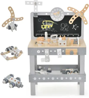 INFANS Tool Bench Set for Toddlers, Kids Wooden Workbench with Blackboard Construction Building Tools and 62 Accessories, Creative Realistic Pretend Play Workshop Gift for Boys Girls