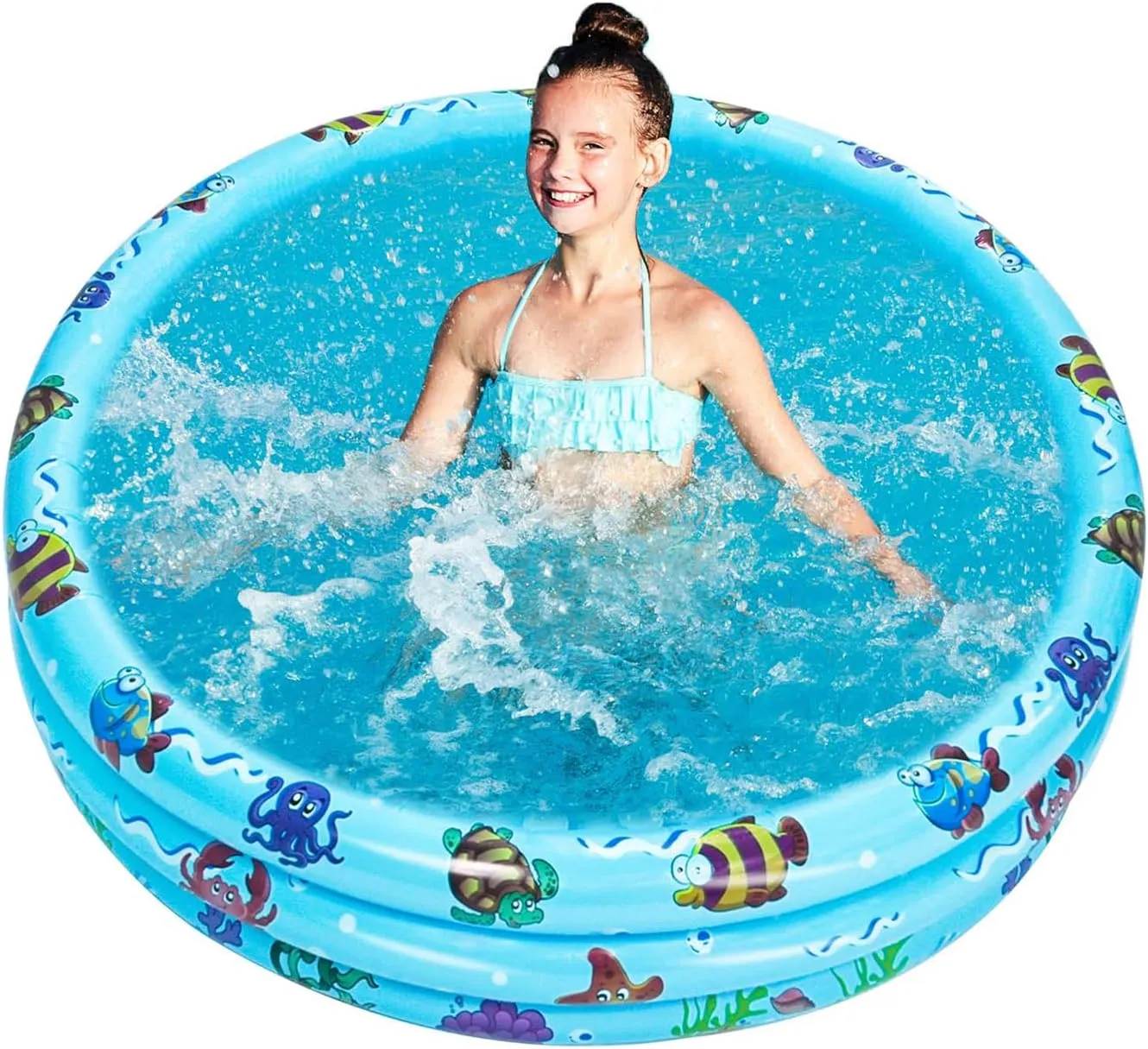 Inflatable Baby Kiddie Pools, 3 Rings Round Swimming Pool, Toddler Fun Water Swim Beach Floaties Toys, Kids Fishing Pond Ball Pit Pool, Small Infant Pool (Blue, 35 inch)