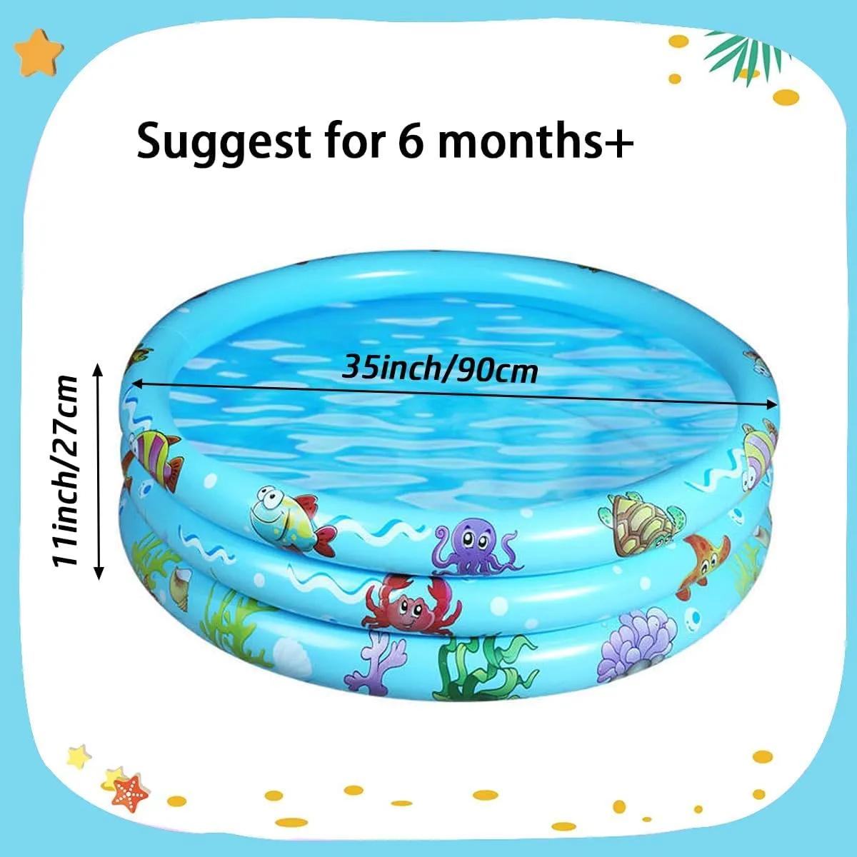 Inflatable Baby Kiddie Pools, 3 Rings Round Swimming Pool, Toddler Fun Water Swim Beach Floaties Toys, Kids Fishing Pond Ball Pit Pool, Small Infant Pool (Blue, 35 inch)