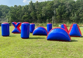 Inflatable Air Archery Bunker Set with Pump for Paintball, Airsoft, Archery Tag, Laser Tag, Soft Foam Dart Toy Rifle, Water Gun (9 Pieces Blue and Red)