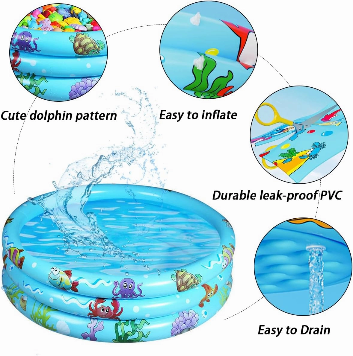 Inflatable Baby Kiddie Pools, 3 Rings Round Swimming Pool, Toddler Fun Water Swim Beach Floaties Toys, Kids Fishing Pond Ball Pit Pool, Small Infant Pool (Blue, 47 inch)
