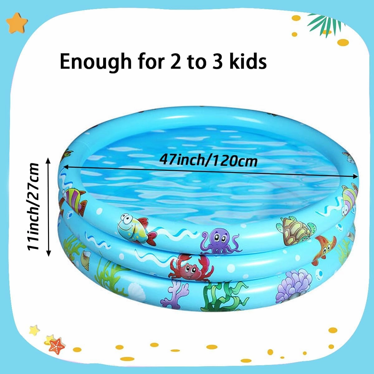 Inflatable Baby Kiddie Pools, 3 Rings Round Swimming Pool, Toddler Fun Water Swim Beach Floaties Toys, Kids Fishing Pond Ball Pit Pool, Small Infant Pool (Blue, 47 inch)