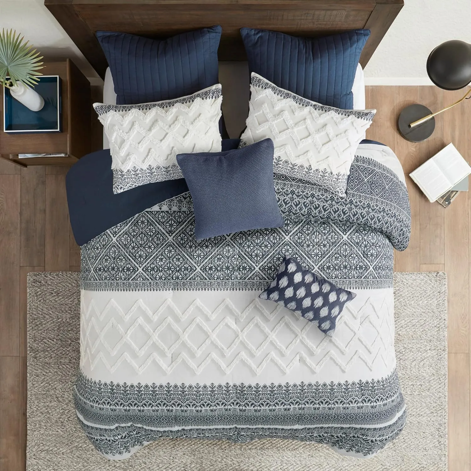 INK IVY Mila 3P Cotton Duvet Cover Set, Navy Global Pattern, Chenille Tufting, Full/Queen, 1 Duvet, 2 Shams