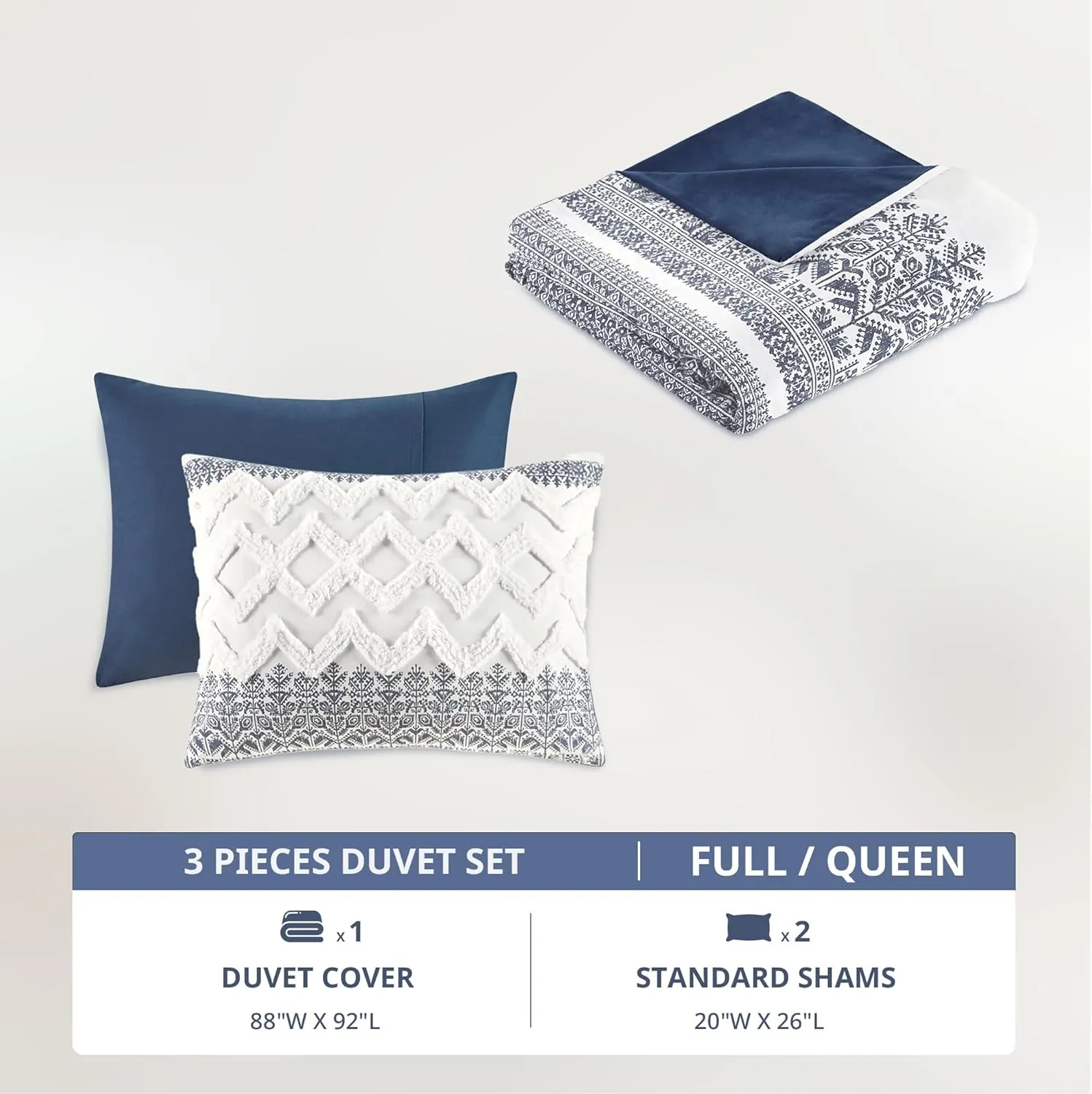 INK IVY Mila 3P Cotton Duvet Cover Set, Navy Global Pattern, Chenille Tufting, Full/Queen, 1 Duvet, 2 Shams