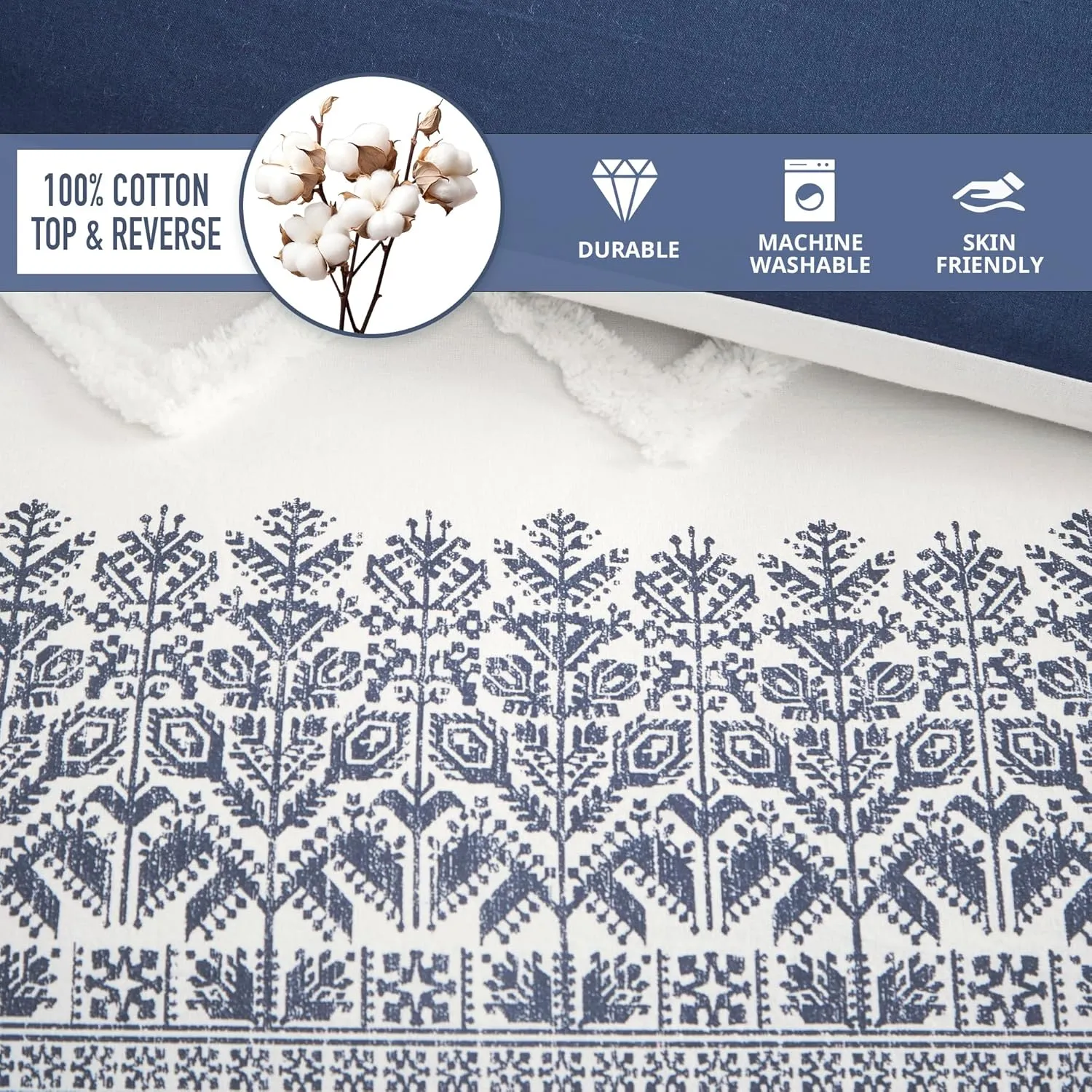 INK IVY Mila 3P Cotton Duvet Cover Set, Navy Global Pattern, Chenille Tufting, Full/Queen, 1 Duvet, 2 Shams