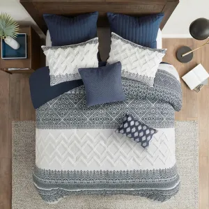 INK IVY Mila 3P Cotton Duvet Cover Set, Navy Global Pattern, Chenille Tufting, Full/Queen, 1 Duvet, 2 Shams