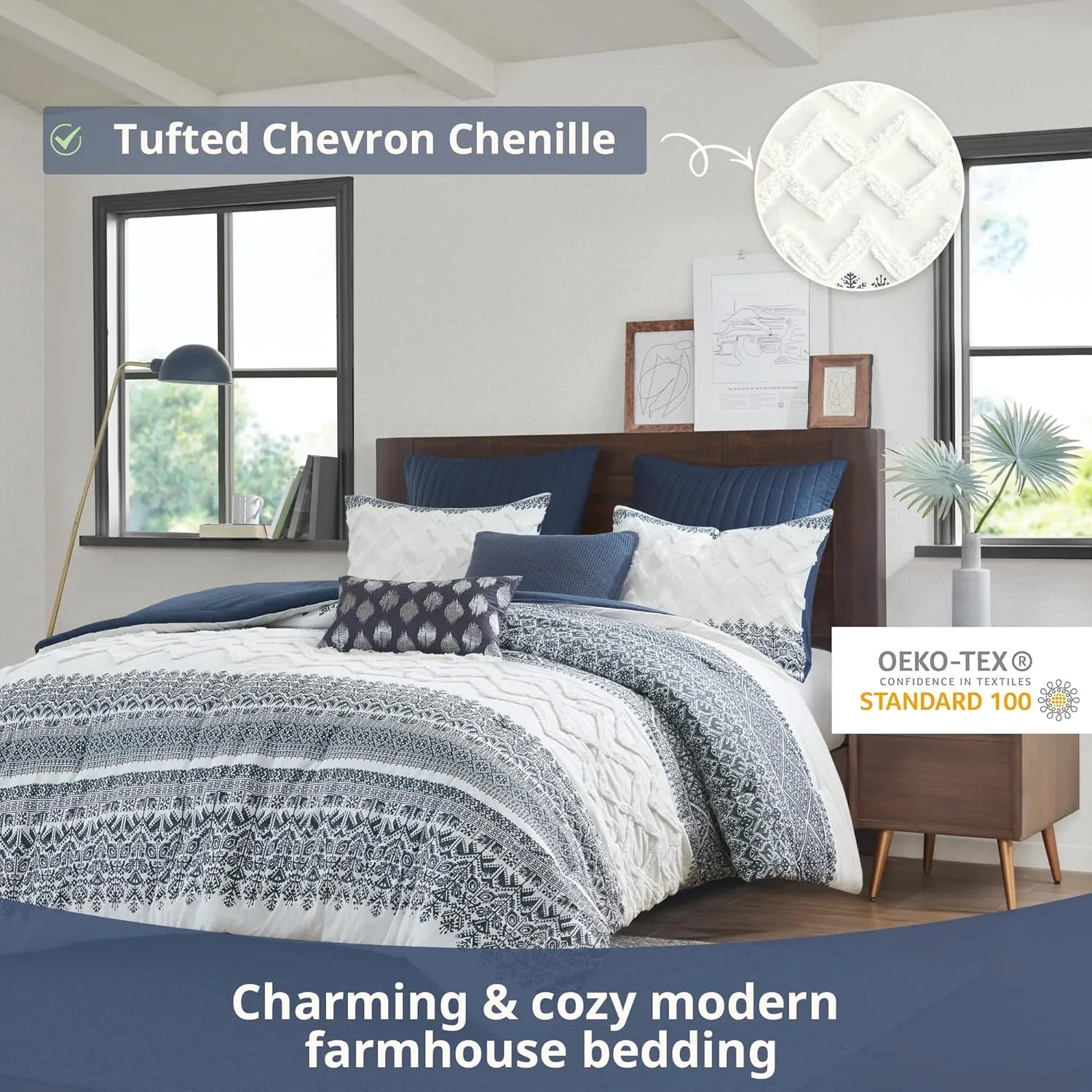 INK IVY Mila 3P Cotton Duvet Cover Set, Navy Global Pattern, Chenille Tufting, Full/Queen, 1 Duvet, 2 Shams