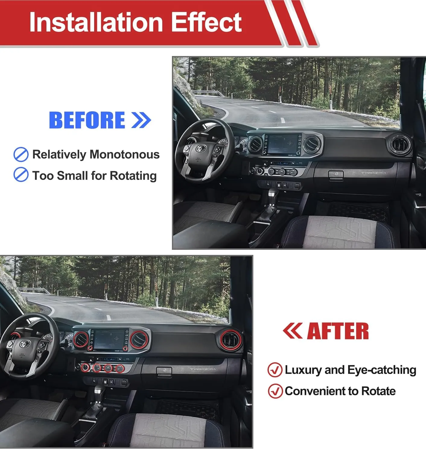 Interior Accessories for Toyota Tacoma 2023 2022 2021 2020 with 8" or 7" Touchscreens, Decorated A/C Vent Trim Rings Button Knob Covers for Air Conditioner AC Audio CD Radio Switch, 10 PCS