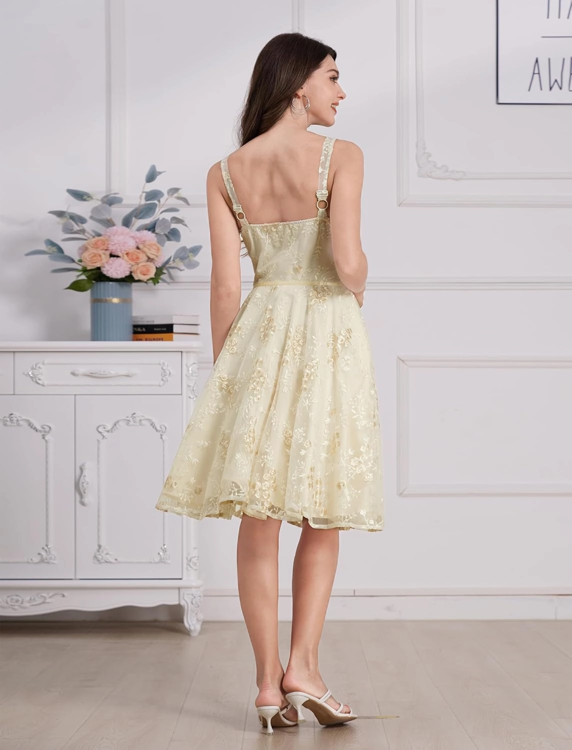 IWEMEK Women Spaghetti Strap Floral Lace Bridesmaid Cocktail Party Dress Cold Shoulder Ruffle Sleeve Wedding Guest Prom Dress