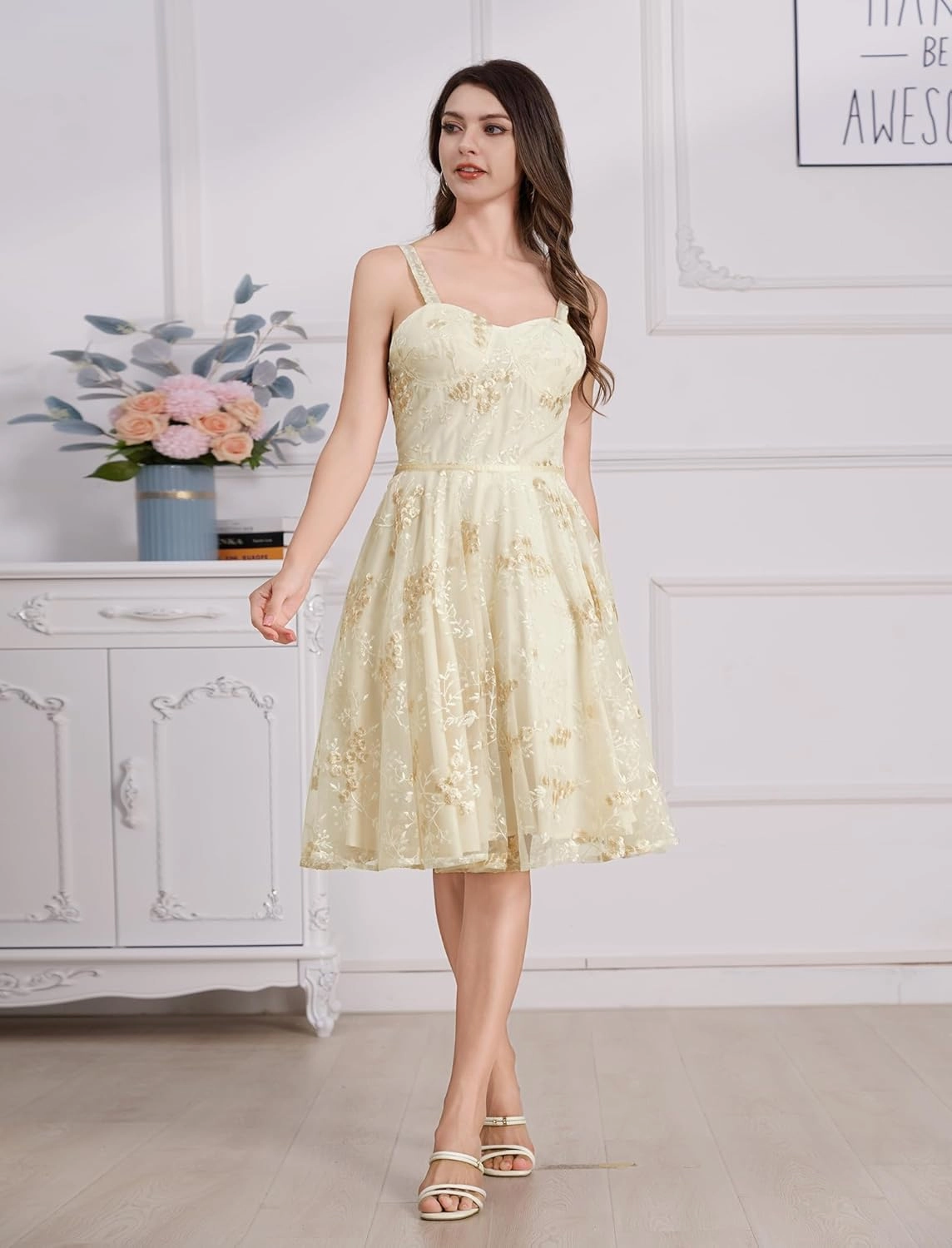 IWEMEK Women Spaghetti Strap Floral Lace Bridesmaid Cocktail Party Dress Cold Shoulder Ruffle Sleeve Wedding Guest Prom Dress