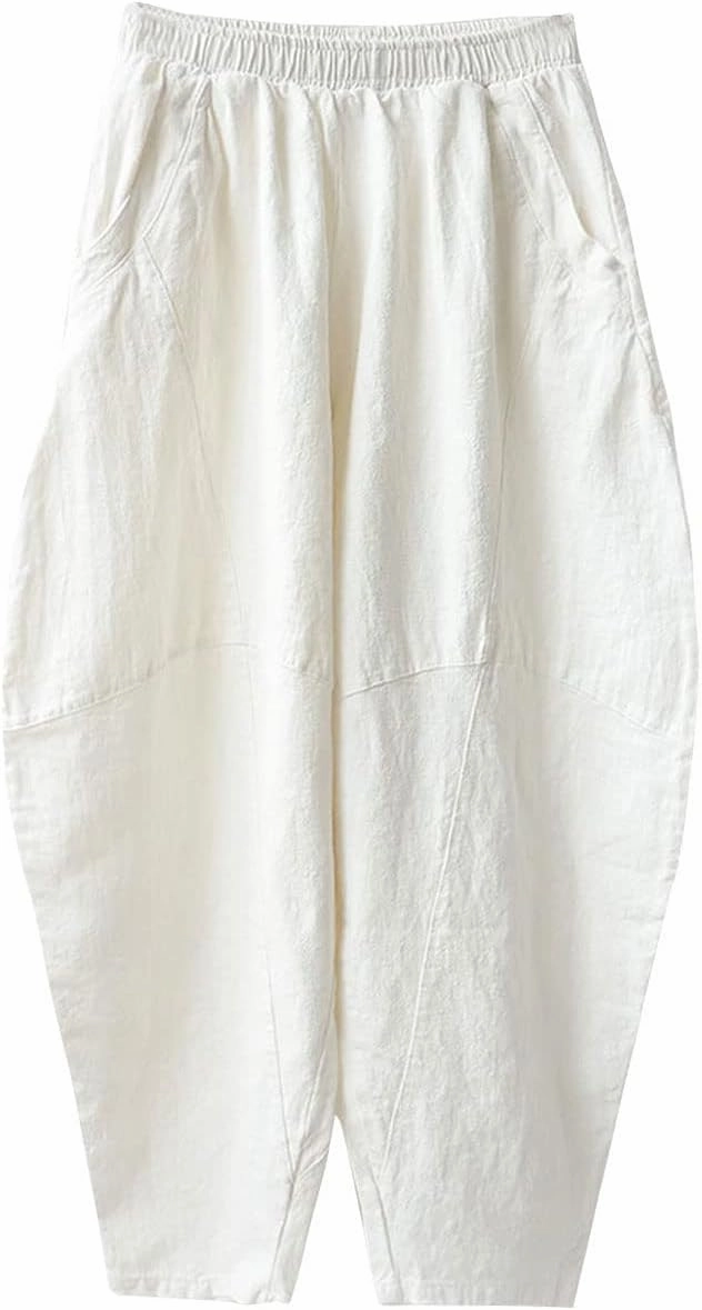 IXIMO Women's Cotton Linen Pants Casual Elastic Waist Lantern Slacks Loose Fit Baggy Patchwork Trousers