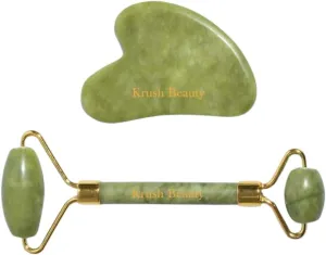 Jade Roller and Gua Sha Set, Green Natural Stone, Gold-Plated Facial Massage Tools